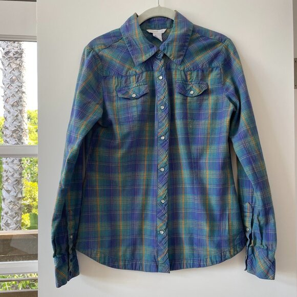 O'Neil Plaid‎ Long-Sleeve Snap Button-Down Shirt, Purple, Teal, Orange, Size L - Picture 1 of 5